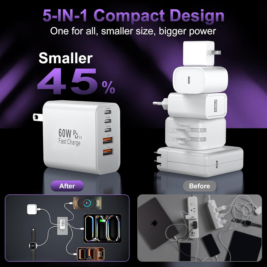 USB C Fast Charger Block, 60W USBC Wall Charger Plug, 2Pack 5-Port Type C Phone plus all devices