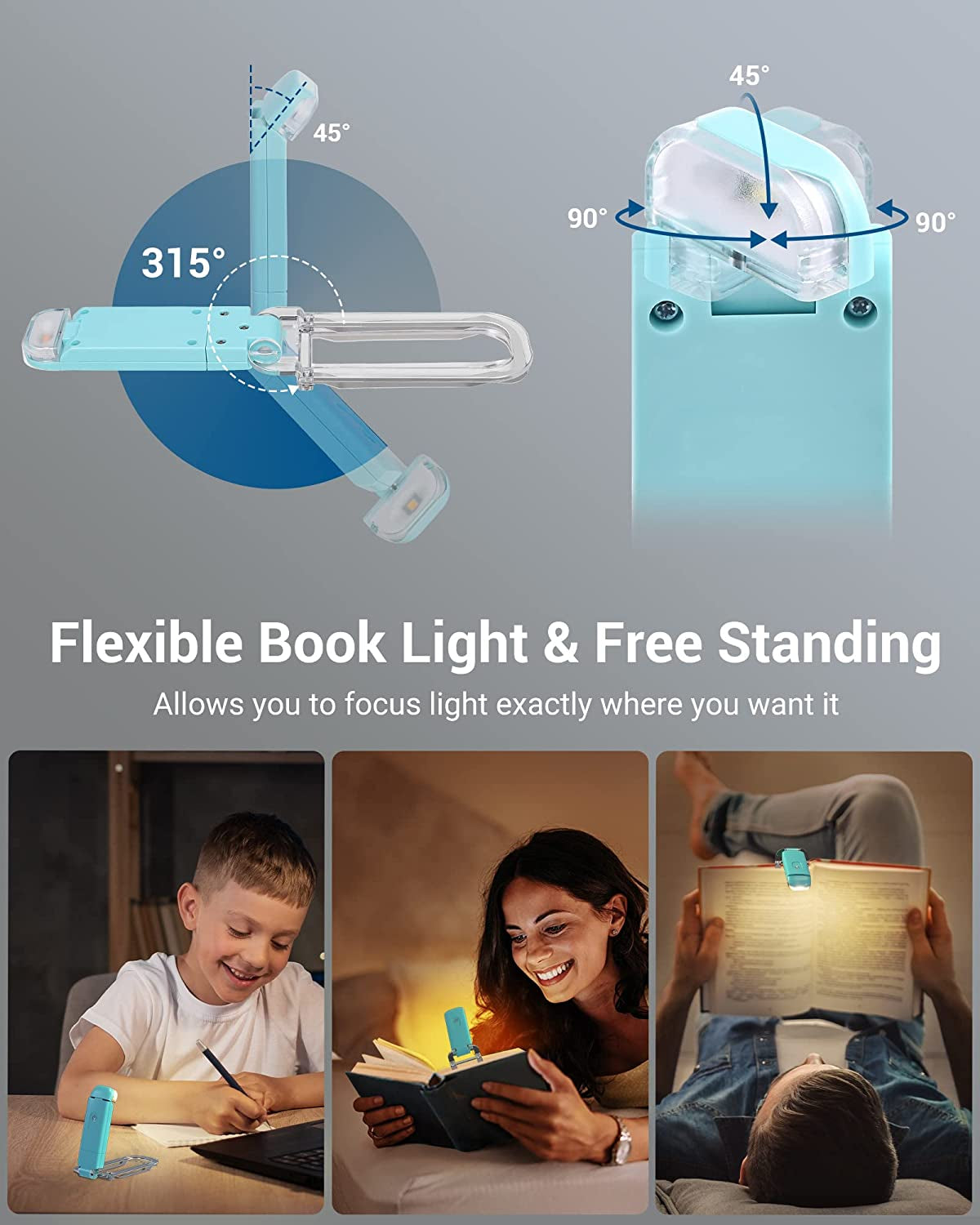 Book Reading Light with Clip, USB Rechargeble Booklight (Blue) | Brightness Adjustable, Amber & Warm White Glow