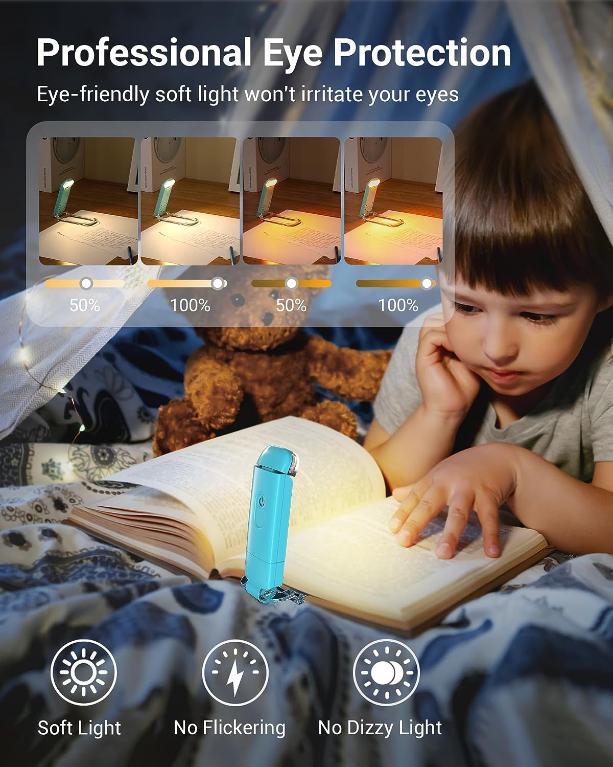 Book Reading Light with Clip, USB Rechargeble Booklight (Blue) | Brightness Adjustable, Amber & Warm White Glow
