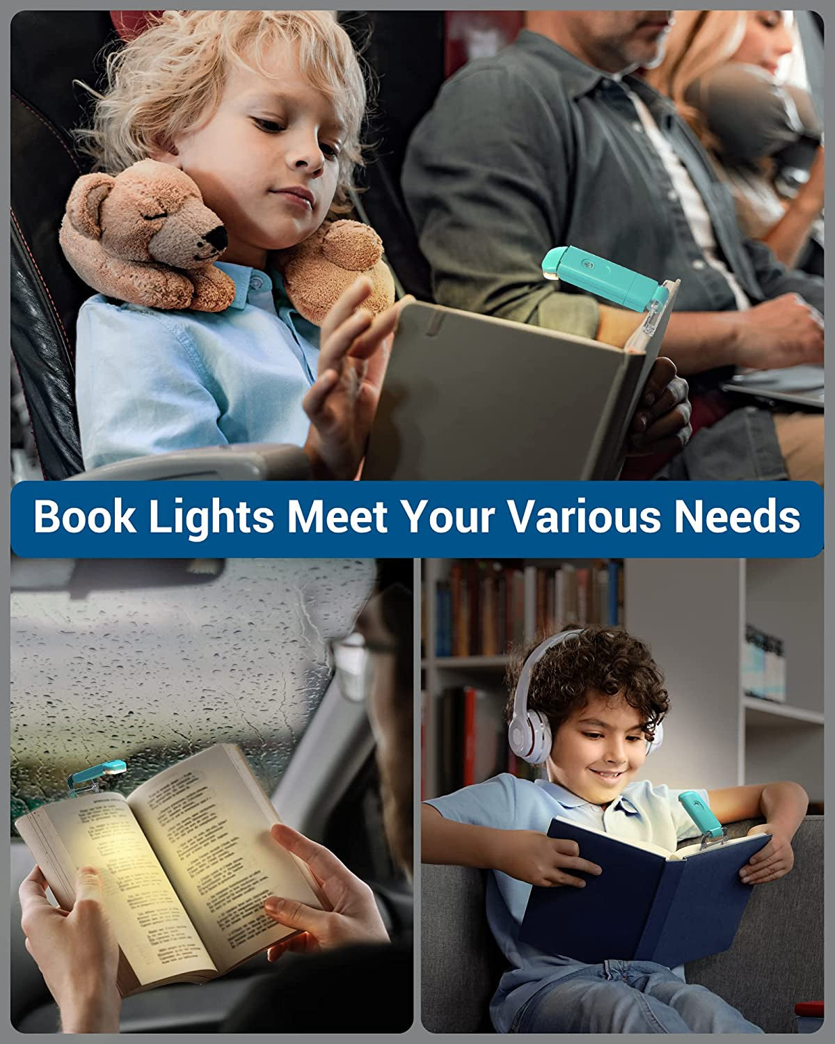 Book Reading Light with Clip, USB Rechargeble Booklight (Blue) | Brightness Adjustable, Amber & Warm White Glow