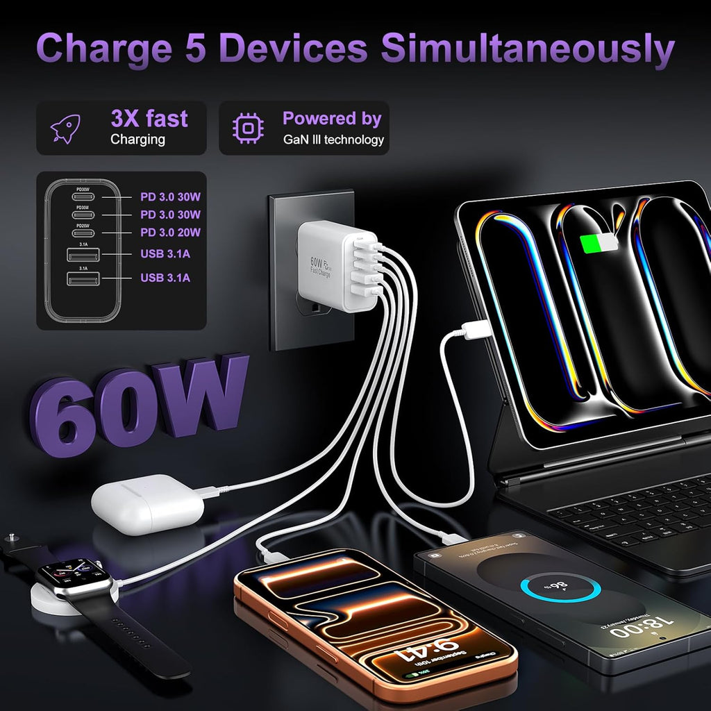 USB C Fast Charger Block, 60W USBC Wall Charger Plug, 2Pack 5-Port Type C Phone plus all devices