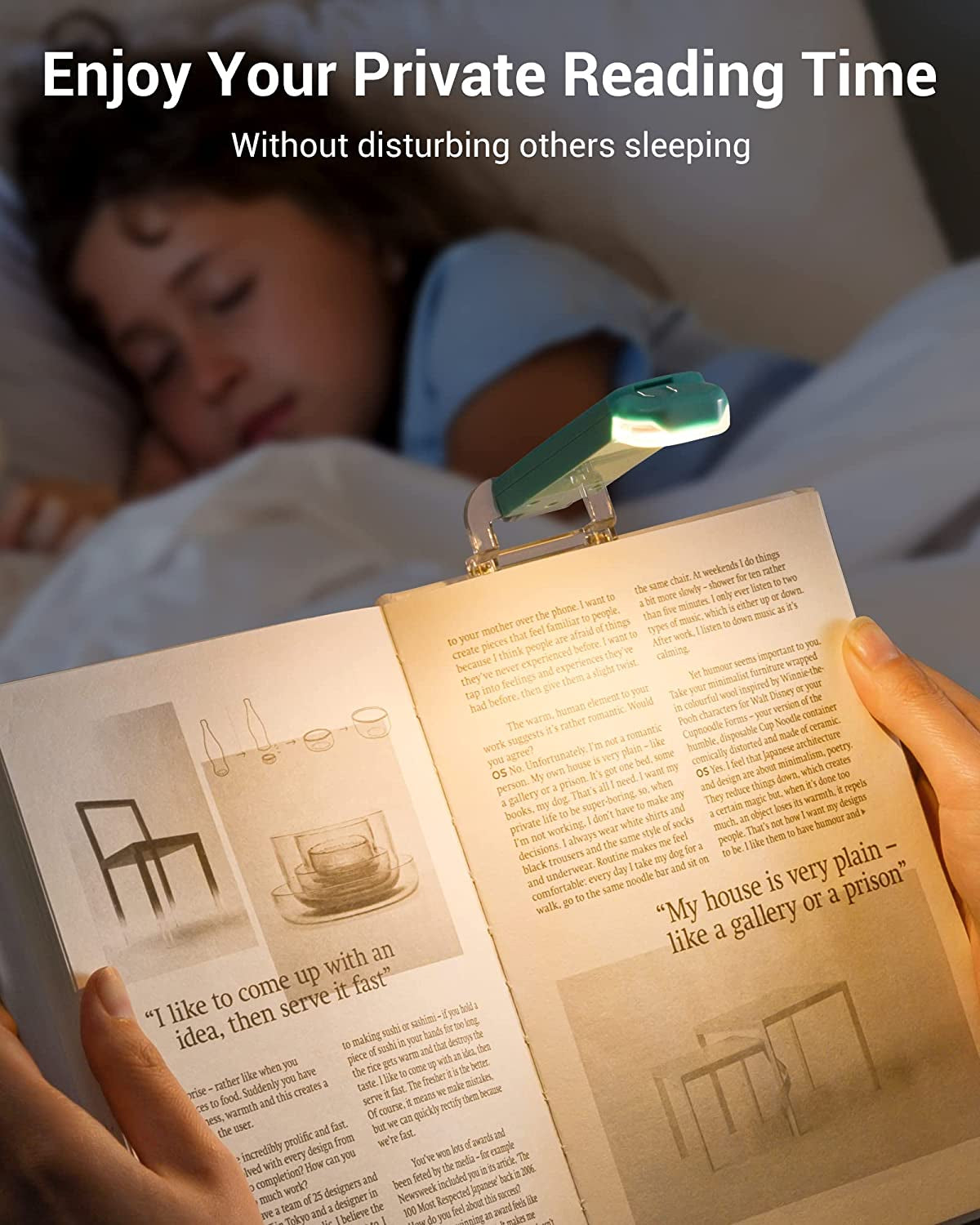 Book Reading Light with Clip, USB Rechargeble Booklight (Blue) | Brightness Adjustable, Amber & Warm White Glow